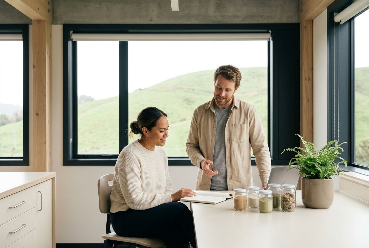 Scientists reviewing formulation notes in a New Zealand workspace