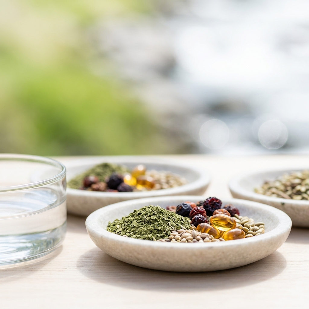 Botanical ingredients in stone dishes, with New Zealand nature blurred behind